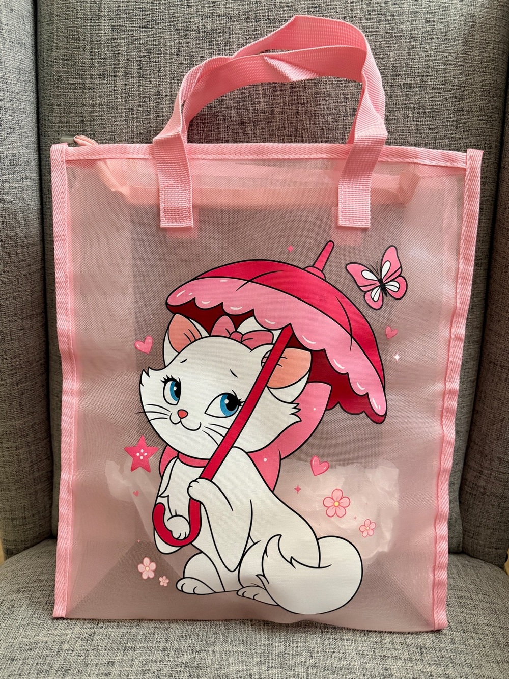 Pink Cat Cartoon Mesh Tote Bag for Accessories